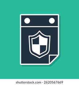 Calendário azul com ícone de escudo isolado no fundo verde. Conceito de seguro. Sinal de guarda. Segurança, proteção, conceito de privacidade.  Vetor
