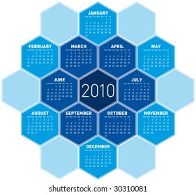 Blue Calendar for year 2010 in an hexagonal pattern (vector format)