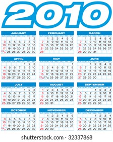 Blue Calendar for year 2010, in vector format.