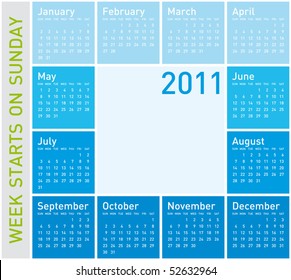  Blue Calendar for year 2011, week starts on Sunday