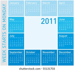 Blue Calendar for Year 2011, week starts on Monday