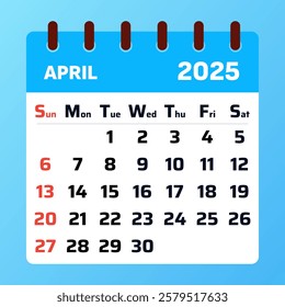 Blue Calender april 2025. Monthly planner for april 2025. Time Management and Scheduling Strategies. Calendar for the month. Vector illustration