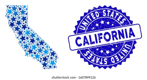 Blue California map composition of stars, and distress rounded seal. Abstract territory plan in blue color tones. Vector California map is shaped of blue stars.