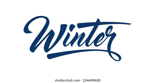 Blue calligraphic text Winter on white background. 