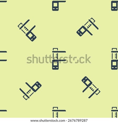 Blue Calliper or caliper and scale icon isolated seamless pattern on yellow background. Precision measuring tools.  Vector