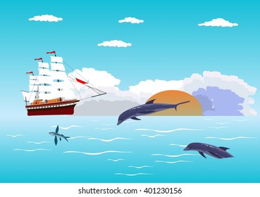 Blue calm sea and ship with white sails on horizon, dolphins, fishes