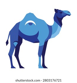 A blue camel stands in profile view on a white background, showcasing its unique desert adaptation and majestic presence.