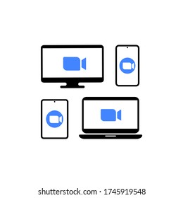Blue camera icon. Devices with a video call. Monitor, tablet, smartphone, laptop, camera icon on isolated white background. EPS 10 vector
