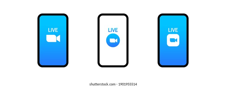 Blue camera icon set. Conference video calls. Live media streaming application. Vector on isolated white background. EPS 10.