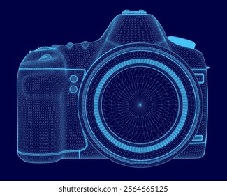 Blue camera with a blue lens. The lens is blurry and the camera is blurry as well