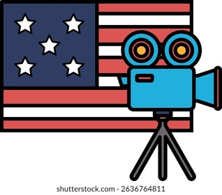 A blue camera is on a tripod in front of an American flag. The camera is pointing at the stars on the flag