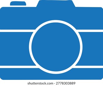 Blue camera with prominent white lens and viewfinder