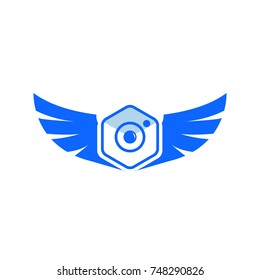 blue camera with wings icon logo design