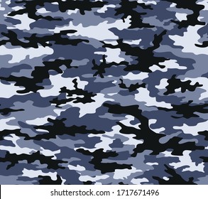 Blue Camo Military Texture With Dark Spots Seamless Pattern. Vector Graphics.