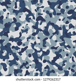 Blue camo pattern in abstract style on light background. Fashion camouflage seamless texture. Vector. Eps10