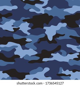 Blue Camo Seamless Pattern With Black Spots Classic Design. Vector