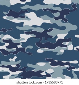 Blue Camo Seamless Pattern With Dark Spots Modern Vector Print Pattern.