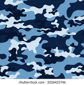 
Blue camouflage design, fashionable clothing seamless pattern.