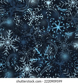 Blue camouflage pattern with grunge silhouette of snowflakes, paint brush strokes, round halftone shapes. Messy random composition