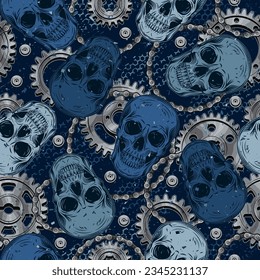 Patrón de camuflaje azul con cráneos humanos, engranajes, cadena de bicicletas, remaches. Ilustración gótica de miedo oscuro al estilo steampunk. Para prendas de vestir, tela, textiles, artículos deportivos.