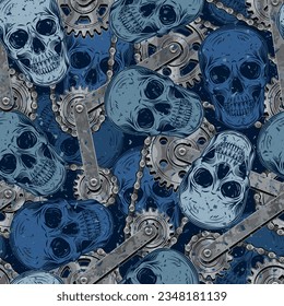 Blue camouflage pattern with human skulls, steel mechanism with gears, bike chain. Dark scary gothic illustration in steampunk style. For apparel, fabric, textile, sport goods.