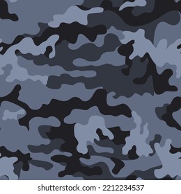 
Blue camouflage pattern, military background, dark print on textiles