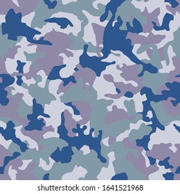 Blue camouflage pattern military backgrounds or print onto fabric. Classic clothing style masking camo repeat print. Seamless texture stock vector.