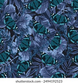 Patrón sin costuras de camuflaje azul con follaje exuberante, hojas, mariposa. Naturaleza salvaje. Para ropa, tela, textil, diseño de artículos deportivos.