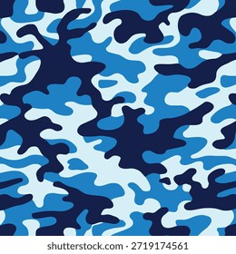 Blue Camouflage Seamless Pattern Vector. Abstract Marine or Navy Military Texture Background. Army Camo Illustration for Textile and Print.