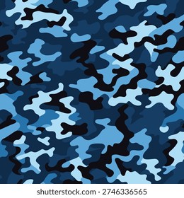 Blue Camouflage Seamless Pattern Vector - Trendy Navy and Azure Military Background for Tactical Gear, Textile Design, and Modern Apparel - Repeatable Abstract Army Texture Wallpaper