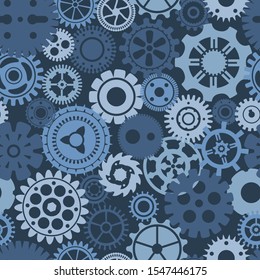 Blue camouflage silhouettes of gears, cogs, gearwheels and screw-wheels. Protection vector seamless texture with abstract round details for rotate and motion.