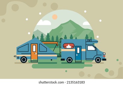 blue camper in landscape scene