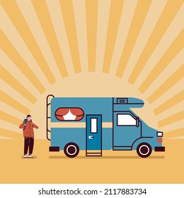blue camper and man scene