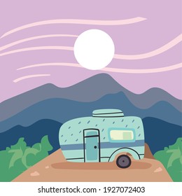 blue camper trailer on mountain design of caravan trip camp adventure transportation and travel theme Vector illustration