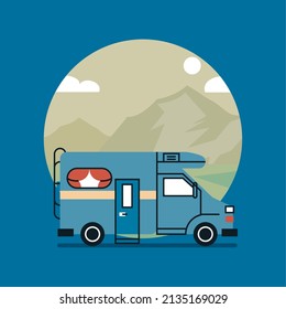 blue camper vehicle in landscape