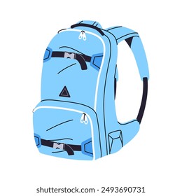 Blue camping backpack icon. Sport bag for travel. Hiking, trekking rucksack. Tourist carryon, luggage with equipment for journey, tour, tourism. Flat isolated vector illustration on white background