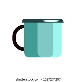 Blue camping cup. Coffee, metal, enamel. Camping concept. Vector illustration can be used for topics like campsite, breakfast, break, kitchen