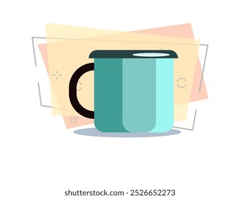 Xícara de acampamento azul. Café, metal, esmalte. Conceito de acampamento. A ilustração vetorial pode ser usada para tópicos como acampamento, café da manhã, pausa, cozinha