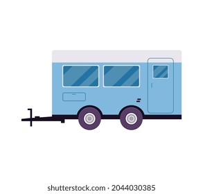 Blue camping RV trailer car isolated on white background. Back part of camper van or mobile home vehicle with door and windows, flat cartoon vector illustration.