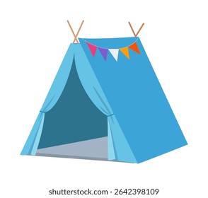 Blue Camping Tent with Colorful Flags Illustration for Outdoor Adventure and Vacation