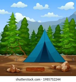A blue camping tent in the forest background