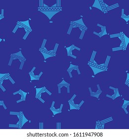 Blue Camping tent icon isolated seamless pattern on blue background. Carnival camping tent. Amusement park.  Vector Illustration