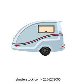 Blue camping transport vector illustration. Cartoon drawing of camper van, travel car, trailer and RV as mobile home isolated on white background. Camping, traveling, tourism concept