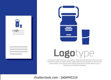 Blue Can container for milk and glass icon isolated on white background. Logo design template element. Vector Illustration