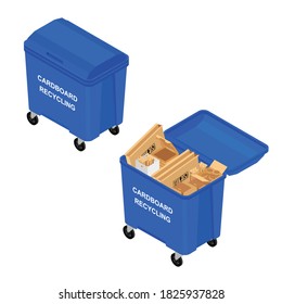 Blue can with sorted paper garbage vector icon. Recycling garbage separation and recycled isolated on white background. Recycling concept - blue bin full of old newspapers, paper and cardboard boxes