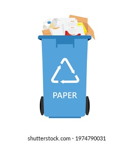 Blue can with sorted paper garbage vector icon. Recycling garbage separation and recycled isolated on white background.  Recycling concept - blue bin full of old newspapers, paper and cardboard boxes