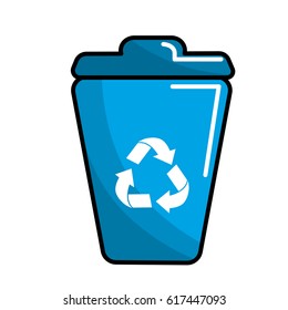 blue can trash with recycling symbol