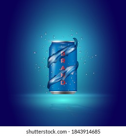 Blue Can with Water Splash Vector Mockup para la promoción de bebidas, Fondo de diseño de marca, ilustración vectorial 3D realista 