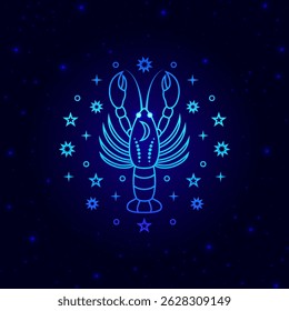 Blue Cancer zodiac sign on dark blue background.