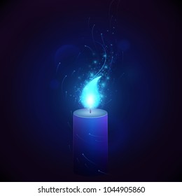 Blue candle in dark, magic illustration. Vector graphic for brochure, website, flyer, print, poster, other design